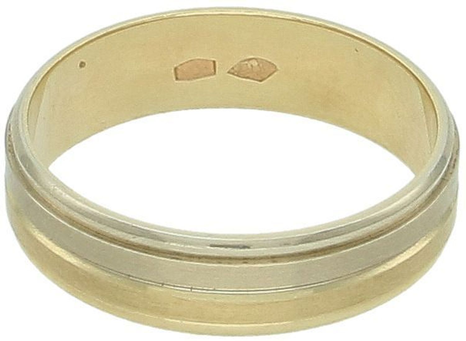 Złota obrączka ślubna 585 płaska biało–żółta – szerokość 5 mm.jpg